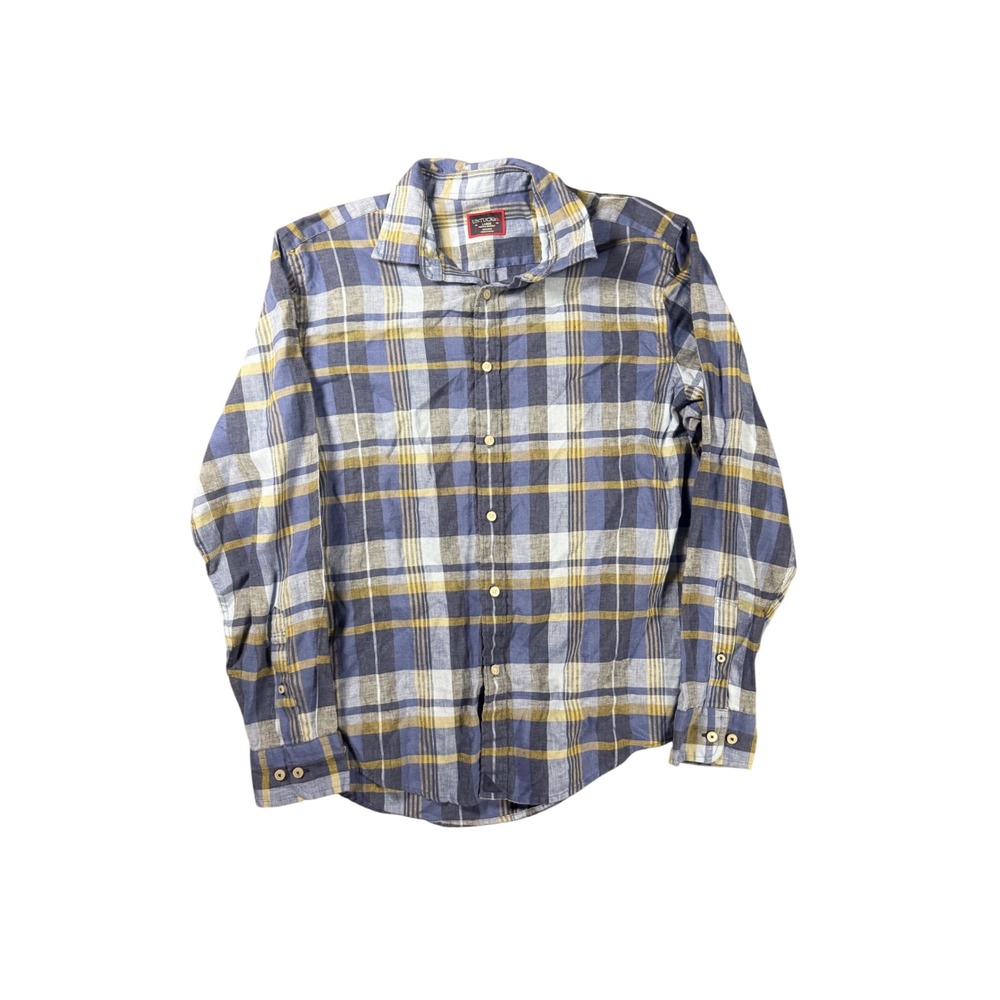UNTUCKit Mens Large Blue Plaid 100% Linen Wrinkle Resistant Button Down Shirt